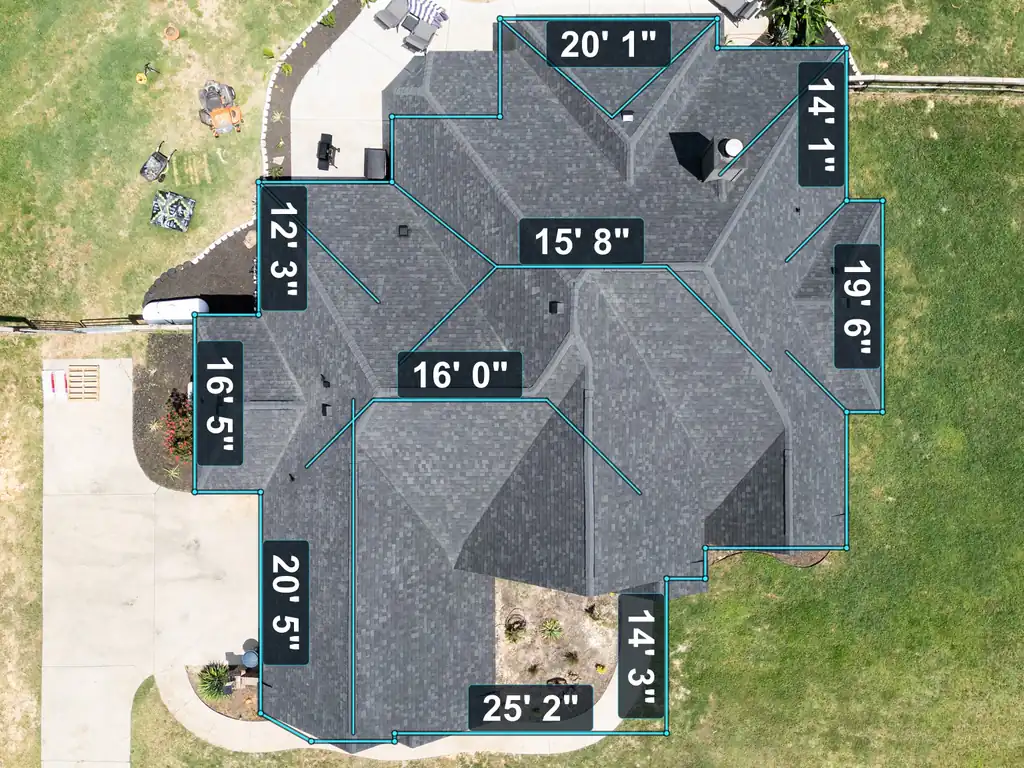 A Texas Accent Roofing drone photograph looking straight down on a finished shingle roof, with the facets, ridges and hips traced and the length of each run marked in feet and inches